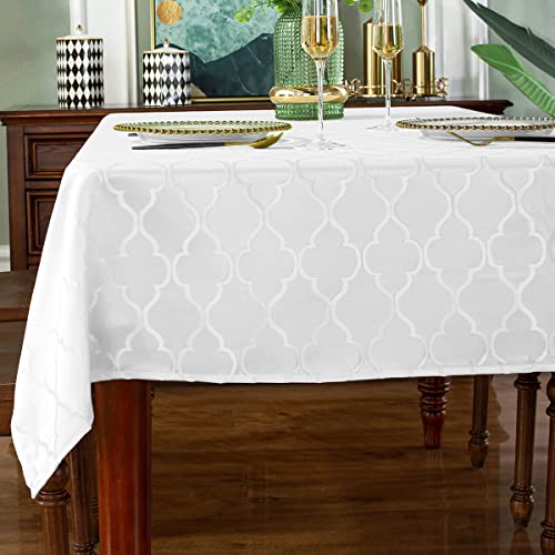 "SASTYBALE Jacquard Tablecloth Flower Patterns Polyester Table Cloth Spill Proof Wrinkle Resistant Table Cover for Kitchen Dining Tabletop (White, Rectangle/Oblong, 52"" x 70"" (4-6 Seats))"