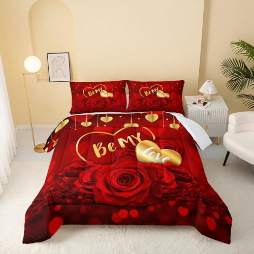 QOOMO Red Rose Kids Bedding Set,Plant Print Comforter Set Queen Size for Boys Girls Teen Room Decorat,Soft Lightweight Bed Set All Season,1 Comforter 2 Pillowcases
