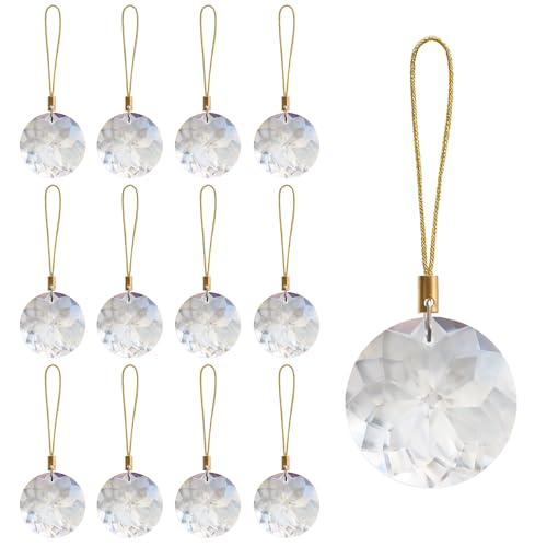 LUMITI 12 Pcs Crystal Glass Christmas Balls Ornaments, 1.18″ Mini Round Prism Flower Xmas Tree Decorations, Hanging Ornament for Wedding Party Home Decor (Crystal Clear)