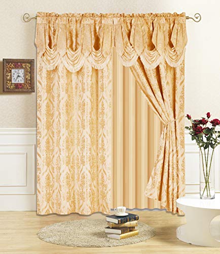 "All American Collection New 4 Piece Drape Set with Attached Valance and Sheer with 2 Tie Backs Included (96"" Length, Gold)"