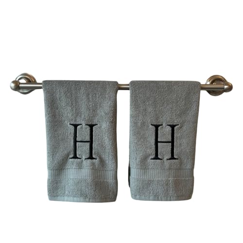 Gray with Black Monogrammed Hand Towels for Bathroom - Set of 2 Letter H - Luxury Hotel Quality Initial Towels For Powder Room, Spa, GOTS Organic Certified
