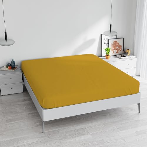 Fitted Sheet with Corners for Double Bed, Cotton, Made in Italy, Bed Linen 170 x 200 cm with Elasticated Corner 25 cm, Mustard