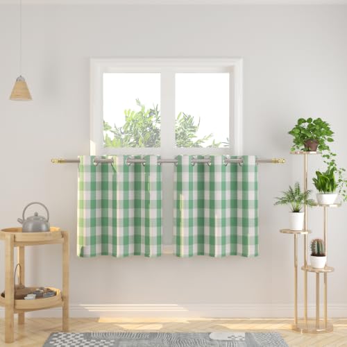 Natus Weaver Tier Curtains 32 inches Width x 24 inches Length Buffalo Check Gingham Plaid Kitchen Window Curtain Panels Bathroom Grommet Top Window Treatment 2 Panels Green and White