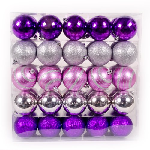 WeRChristmas 50-Piece Deluxe Variety Christmas Tree Baubles Decoration Pack, Pink/Purple/Silver/Fuchsia