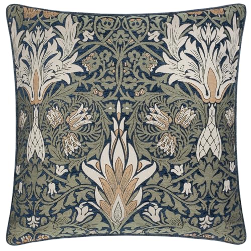 Morris&Co. Snakes Head Feather Rich Filled Cushion – Botanical Jacquard Chenille Pillow with Piped Edge Trim (Indigo/Leaf Green - 55x55cm)