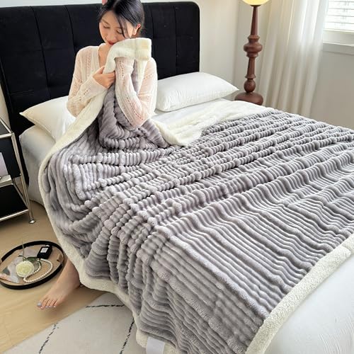 Ukeler Sherpa Bed Blanket 80 ?? 90 inch, Ultra Soft Queen Size Throw Blanket for All Season, 470 GSM Cozy Plush Striped Fleece Blanket for Bedroom Living Room Dorm Hostel Sofa Camping, Silver Gray