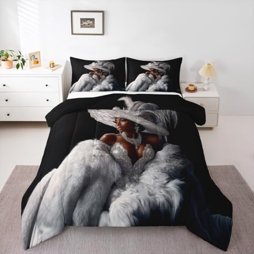 Erosebridal Black Girl King Bedding Set Modern Trendy Grey Silver Comforter for Girls Teens Women African American Fashion Dress Quilt Diamond Print Aesthetic Elegant