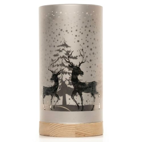SHATCHI 20cm Christmas Decorated Vase Table Lamp Etched Glass Tube Forest Snowfall Scene Silver Cylinder LED Fairy Lights Battery Operated
