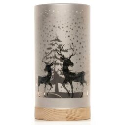SHATCHI 20cm Christmas Decorated Vase Table Lamp Etched Glass Tube Forest Snowfall Scene Silver Cylinder LED Fairy Lights Battery Operated