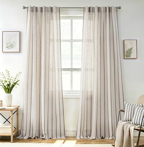 DriftAway Farmhouse Vertical Striped Linen Blend Textured Light Filtering Semi Sheer Curtains for Living Room Bedroom 96 Inches Long Drapes 2 Panels Linen Black