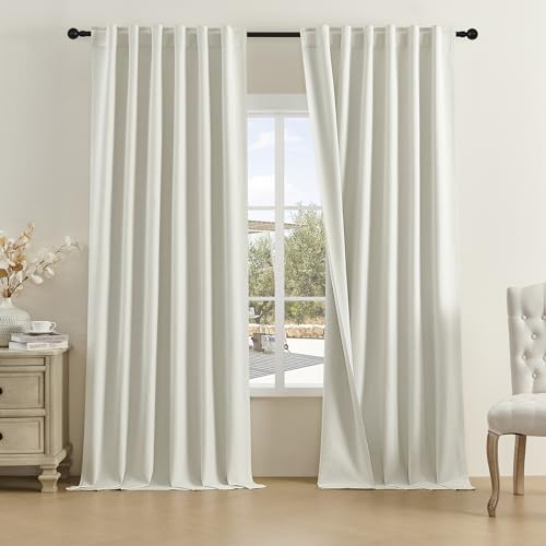 "DUALIFE Full Blackout Faux Linen Blackout Curtains for Bedroom 102 Inches Long,Back Tab/Rod Pocket Living Room Drapes,Thermal Insulated Blackout Curtains 2 Panels,50"" W x 102"" L,Natural Birch Color"