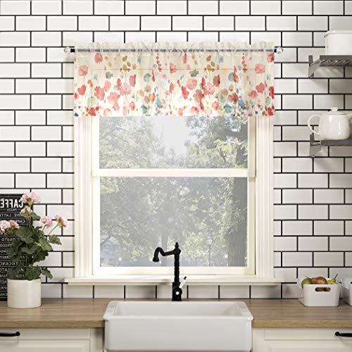 "No. 918 Watercolor Floral Semi-Sheer Rod Pocket Kitchen Curtain Valance, Poppy Red, 14"" W x 54"" L (Pack of 1)"