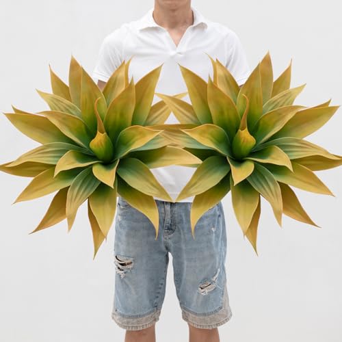 "Ttranewsoo Artificial Plants Outdoor Faux Plant,28"" ArtificialAgave Faux Hostas Outdoor Uv Resistant Artificial PlantsIndoor Fake Plant Artificial Agave Plant Indoor Yellow 2pcs"
