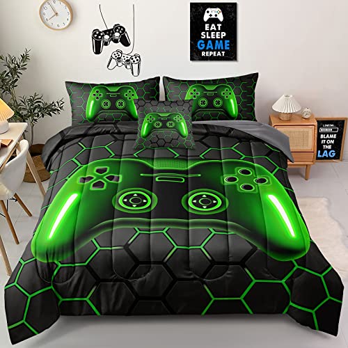 Z.Jian HOME Gamer Bedding Set, 5 Piece Twin Size, Green, for Boys Girls Kids Teens, Video Game Bedding Decorative Bed in a Bag with Comforter, Sheets, Pillow Case, Cushion Cover