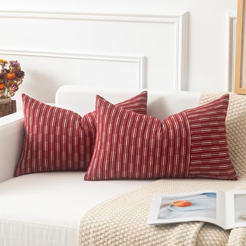 Kevin Textile Valentines Wine Red and Beige Patchwork Farmhouse Throw Pillow Covers 12 x 20 Inch, Pack of 2 Striped Linen Decorative Pillow Case for Sofa Couch Chair Bedroom Modern Decor