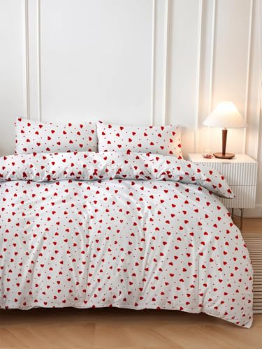 Nuit Des Rêves Double Quilt Cover Set (200 x 200 cm), Red & White, 50% Cotton/50% Polyester, 2 Pillowcases (80 x 80 cm), Machine Washable, 127 Thread Count, Button Closure