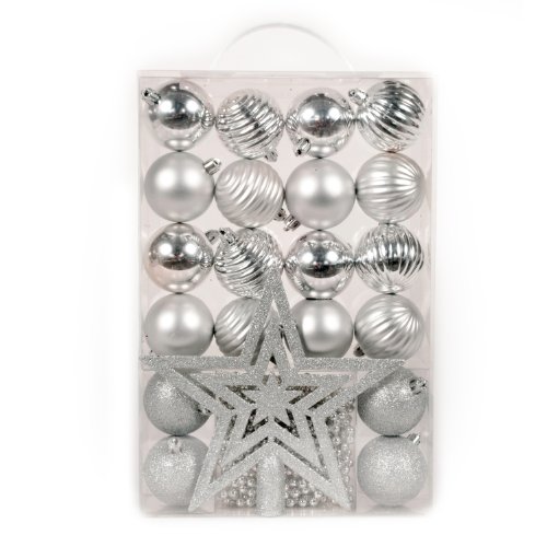 WeRChristmas 26-Piece Deluxe Variety Christmas Tree Baubles Decoration Pack with Topper and Beads, Silver