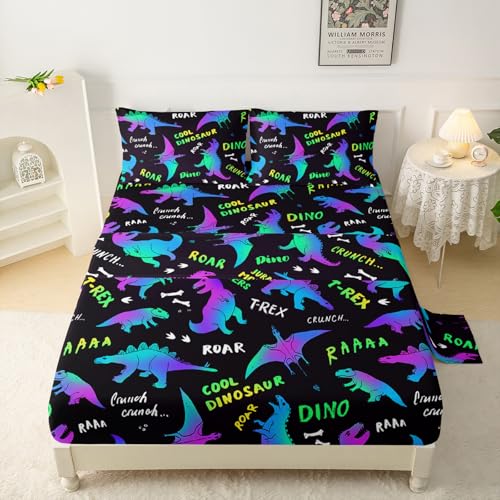 "QOOMO Teal Dinosaur Sheet Sets Queen Size 4 Piece, Trippy Dino Sheets for Boys Kids Teens with 2 Pillowcases and 16"" Deep Pocket, T-rex Bedding Set Microfiber Ultra Soft Skin Friendly"