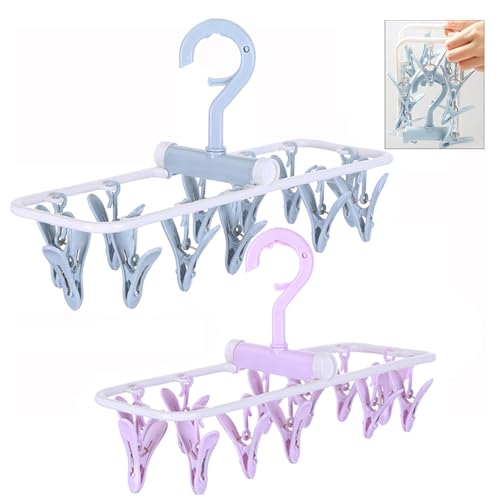 Clothes Drying Racks Small Folding Portable Underwear Hangers Hanging Drying Rack with Clips Small Hanger 2 Pack Socks 12 Clips 360?? Rotatable Hook for Drying Towels Bras Baby Clothes Gloves Plast