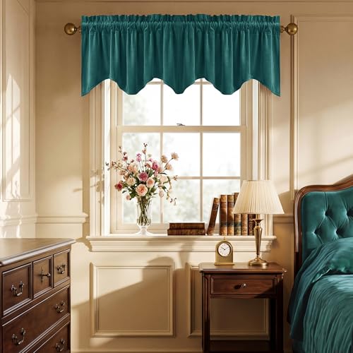 StangH Teal Kitchen Valance for Windows, Soft Velvet Wavy Small Window Curtains, Elegant Privacy Shielding Window Treatment for Bathroom/Laundry/RV, 52x18 Inch, 1 Panel