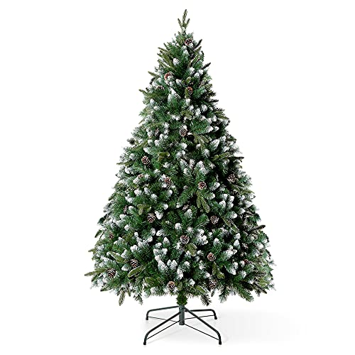 VeryMerry 5FT 'Glacier' Snowy Christmas Tree with Real Frosted Pinecones, Foldable Metal Stand, Snow Flocked Artificial Tree PVC and PE tips