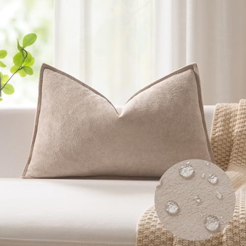 Kevin Textile 12x24 Inch Lumbar Pillow Cover 1 Pack Soft Boucle Textured Decorative Waterproof Rectangle Cushion Elegant Accent Pillow for Couch Sofa Chair Bed Home Decor Indoor Outdoor Khaki