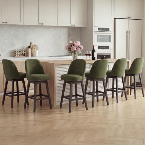 Bar Stools Set of 6, 360° Swivel Counter Stools with Upholstered Seat, Wooden Frame & Nailhead Trim, Kitchen Breakfast Bar Chairs with Backrest for Kitchen Island, Dining Room, Home Bar,Green