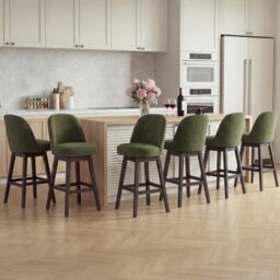 Bar Stools Set of 6, 360° Swivel Counter Stools with Upholstered Seat, Wooden Frame & Nailhead Trim, Kitchen Breakfast Bar Chairs with Backrest for Kitchen Island, Dining Room, Home Bar,Green