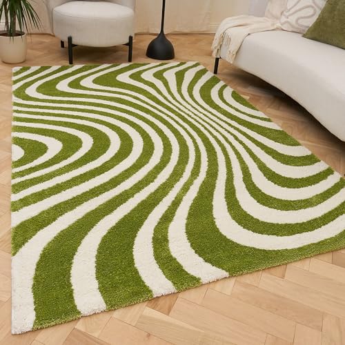 THE RUGS Joli Area Rug - Soft Dense Pile Modern Artistic Design, Durable & Easy Care Carpet for Living Room & Bedroom - Wavy Stripe Green & White, 200 x 290 cm