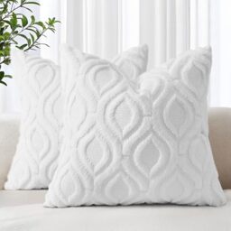 Set Of 2 Spring Throw Pillow Covers 18x18 Inch – Soft Plush Faux Fur Wool & Velvet, Cream White, Couch Decor