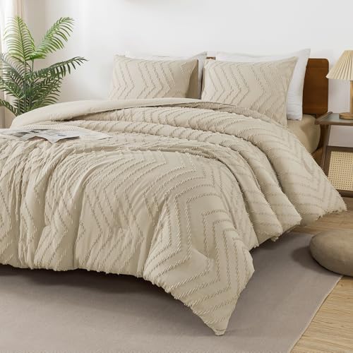 Andency Light Khaki California King Comforter Set, 3 Pieces Boho Bed Set - Cal King Soft Warm Tufted Aesthetic Chevron Farmhouse Cute Bohemian Textured Lightweight Comforter Bedding Sets