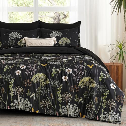 Yiran Queen Comforter Set, 7 Piece Black Dandelion Floral Comforter Bedding Set, Winter Bed in a Bag Queen, Soft Microfiber Complete Bedding Set with Sheets for All Season