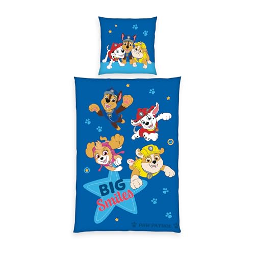 Herding Paw Patrol Bed Linen, Pillowcase Approx. 80 x 80 cm, Duvet Cover Approx. 135 x 200 cm, with Button Placket, 100% Cotton