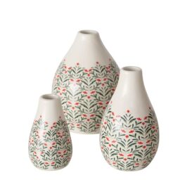 BOLTZE Paris 2060511 Vase (3-Piece Set, Green, White, Porcelain, Floral Design, Height 12 cm, Diameter 9 cm, Round, Handmade, Waterproof, Flower Vase, Decoration)