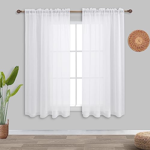 "White Sheer Curtains 2 Panels Rod Pocket Semi Transparent Translucent Linen Texture Curtains 45"" x 45"" Short Ideal for Kitchen, Bedroom, Bathroom or Small Country Style Windows"
