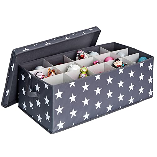 LOVE IT STORE IT Storage Box for Christmas Baubles - Box for Fabric Christmas Tree Decorations - Reinforced with Cardboard - 30 Compartments - Grey with Stars - 58 x 36 x 25 cm