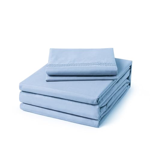 Cleva Twin Size Sheet Set Deep Pocket- 4 Piece Ultra Soft Machine Washable Luxury Bed Sheet Set - Shrinkage & Fade Resistant Embroidered Bedding Sheet (Twin, Light Blue)