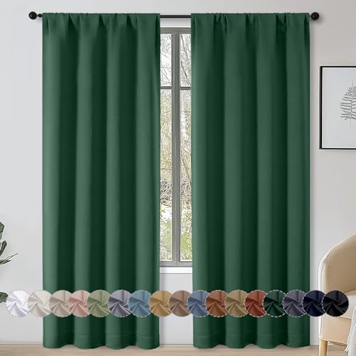 OWENIE Sally Ever Green Blackout Curtains for Bedroom Living Room 72 Inch Length 2 Panels Set, Privacy Thermal Insulated Rod Pocket Window Curtains for Patio French Front Door, W40 x L72, Ever Green