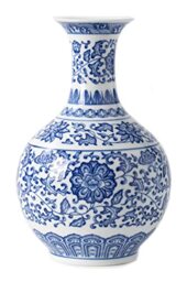 "Blue & White Chinoiserie Ceramic Vase - Decorative Glossy Vase, 9.5"" for Home, Office, Table, Living Room, Bookshelf, Mantle, Centerpieces"