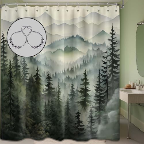 QGHOT Mountain Shower Curtain Green Forest Nature Shower Curtains for Bathroom Rustic Woodland Pine Tree Landscape Bath Decor Sets, Waterproof Polyester Fabric with Hooks, 70x96in