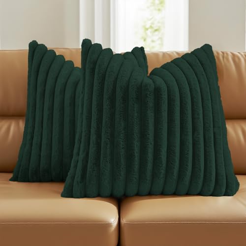 FUTEI Pack of 2 Fluffy Faux Fur Throw Pillow Covers 20x20 Inch Elegant Striped Textured Decorative Cushion Cases Modern Accent Pillow for Couch Bed Living Room, Dark Green