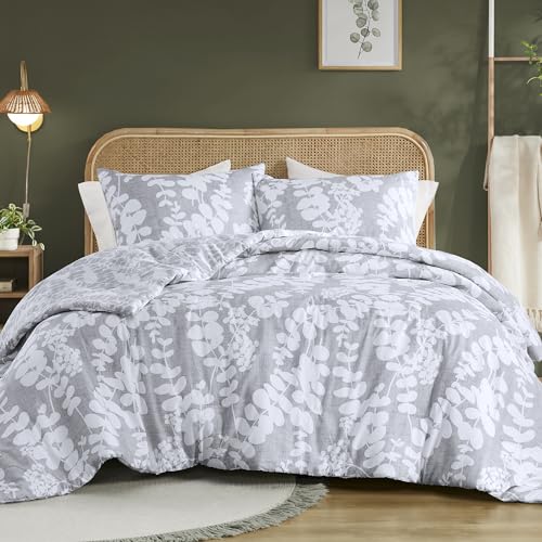 Comfort Spaces Queen Comforter Set, Breathable Microfiber Comforter Sets, Reversible Floral Comforters, Lightweight All Season Farmhouse Bedding, Matching Shams, Full/Queen, Grey 3 Piece