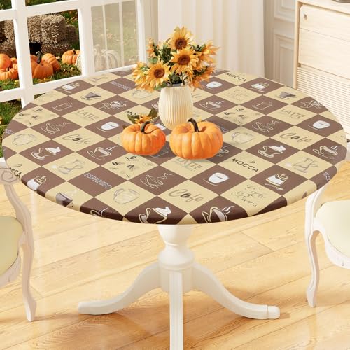 "misaya Round Fitted Tablecloth with Elastic Edge, 100% Waterproof Oil Proof Plastic Table Cover, Vinyl Flannel Backed Tablecloth Fits 36""-44"" Round Tables for Dinner, Outdoor, Picnic, Coffee"