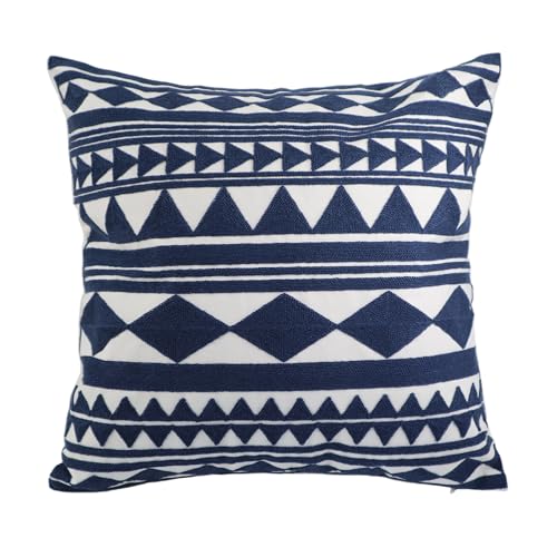 Hodeco Embroidery Throw Pillow Cover 18x18 Home D??cor Navy Blue Geometric Cushion Cover Diamond Triangle Pillow Case Floor Pillow Cover for Couch Sofa Chair 100% Cotton 45x45cm, 1 Piece