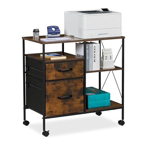 Relaxdays Mobile Filing Cabinet, 2 Drawers & 3 Shelves, Suspension Files, 75.5x76.5x40 cm, Office Cart, Brown/Black