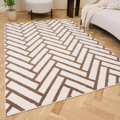THE RUGS Living Room Rug, Loft Collection – Modern Textured 14mm Soft Pile Area Carpet, Non-Shedding & Easy Care [ Chevron Brown, 80x150 cm]
