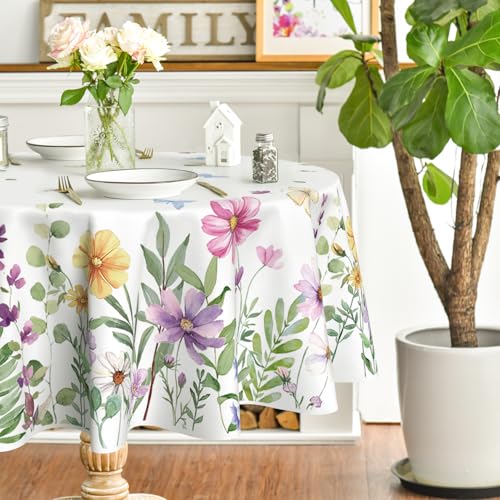 Horaldaily Spring Tablecloth 90??90 Inch Round, Wildflowers Floral Butterfly Washable Seasonal Table Cover for Party Picnic Dinner Decor