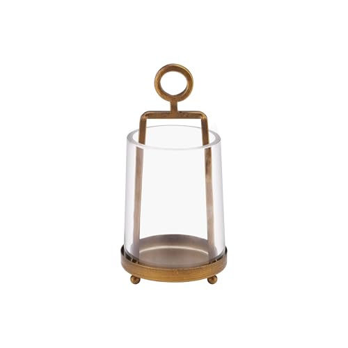 "3'3"" Wide Modern Metal Hurricane Lantern with Handmade Sturdy Glass Sleeve in Brass for Tealight Candle & Plants, Farmhouse Hurricane Industrial, Minimalistic, Shabby Chic (1, Brass, 3.3""x5.2"")"