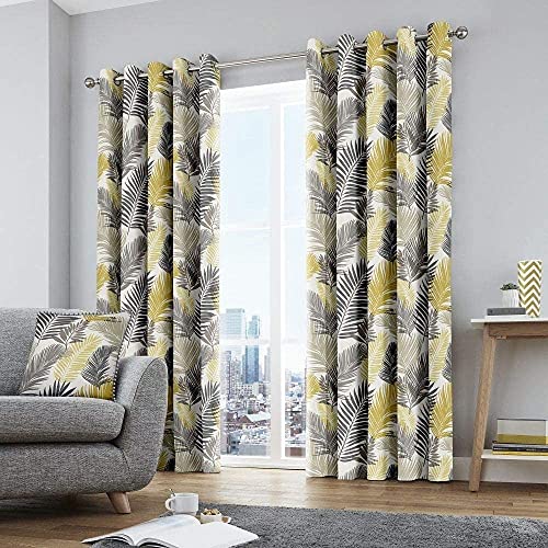 "Fusion - Tropical - 100% Cotton Pair of Eyelet Curtains - 90"" Width x 90"" Drop (229 x 229cm) in Ochre"