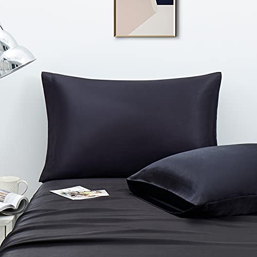 Ersmak Satin Pillowcase Standard Set of 2, Ultra Soft & Silky Satin Pillow Cases for Hair and Skin, Wrinkle Fade Resistant Pillow Covers with Envelope Closure (Black)